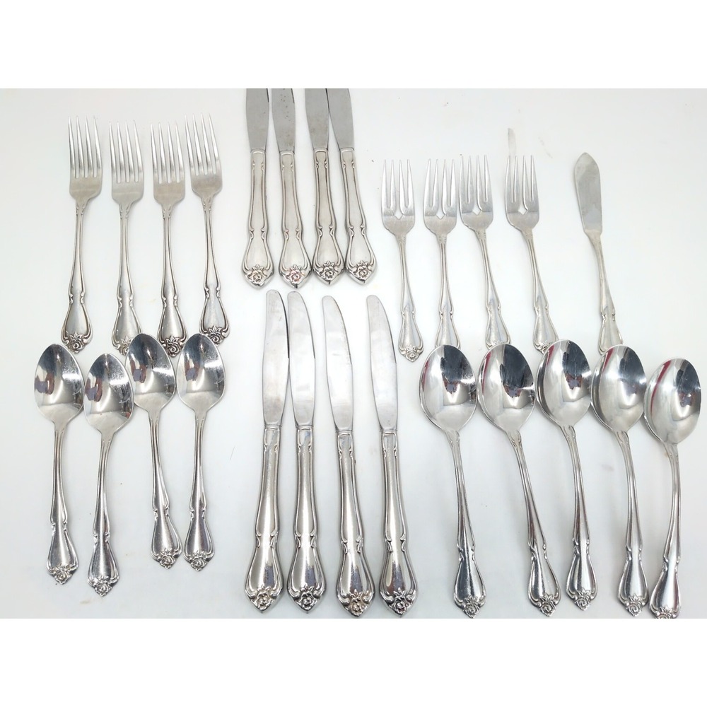 Oneida ARBOR ROSE Service For 4 + Stainless TRUE Rose Rogers 27 pc Set Flatware